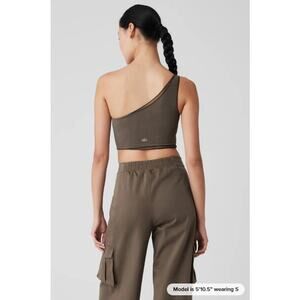 Alo Yoga Top Womens Small Mesh Sheer Illusion Tank Olive One Shoulder Athletic